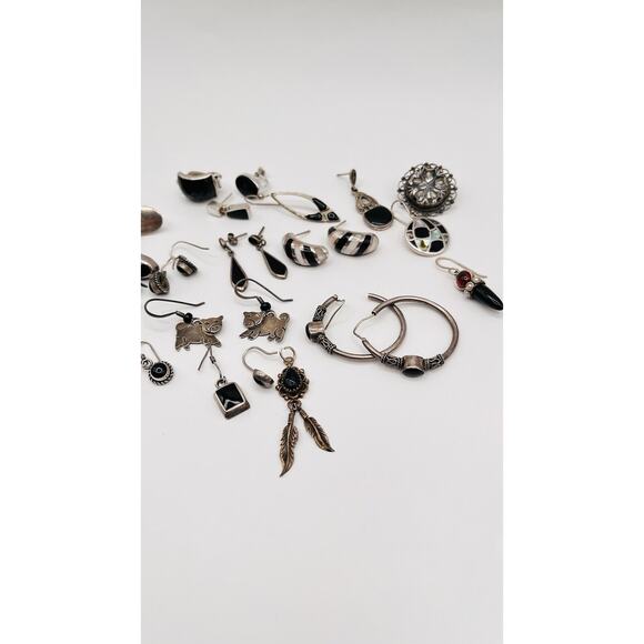 Lot Of Sterling Silver 925 Earrings Single/Pairs Black Onyx Silver SCRAP CRAFT - Picture 10 of 11